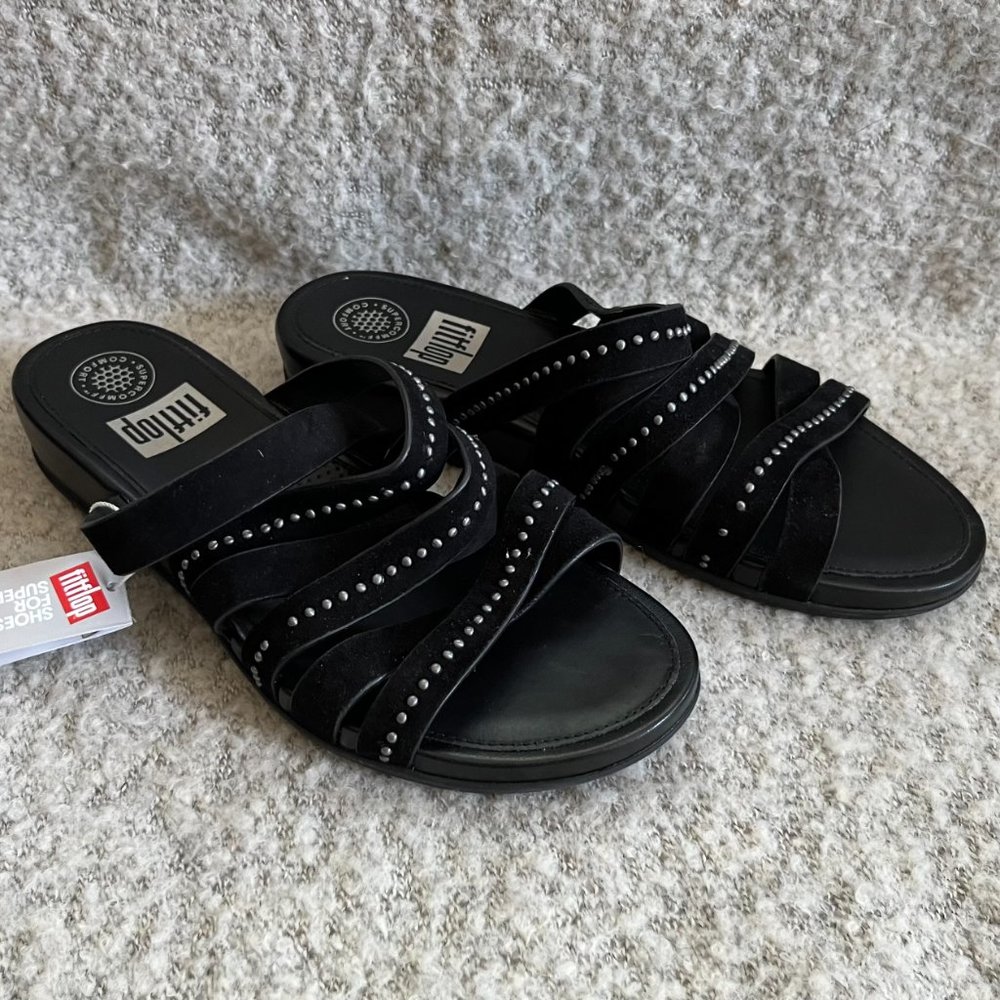 NWT FITFLOP Lumy Studded Suede Slides Black Sandals Leather, Size 7